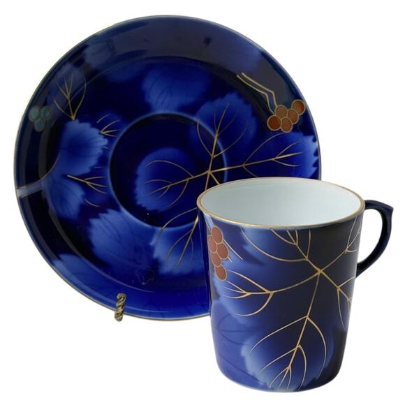 Fukagawa Seiji Arita TEA CUP & SAUCER SET Demitasse Blue Gold Grape Bone China - Picture 7 of 8